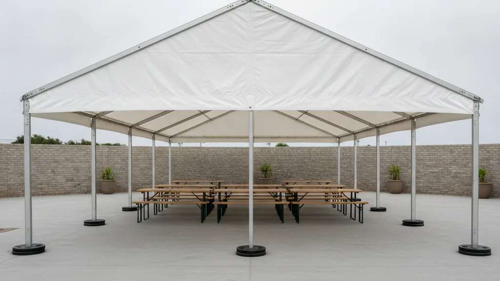 Aluminium frame tent on weight plates on paving in a Port Elizabeth complex courtyard
