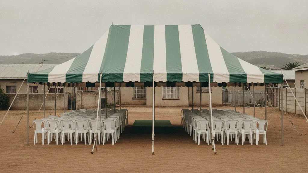Green and white striped funeral tent with rows of white plastic chairs in a Port Elizabeth township yard
