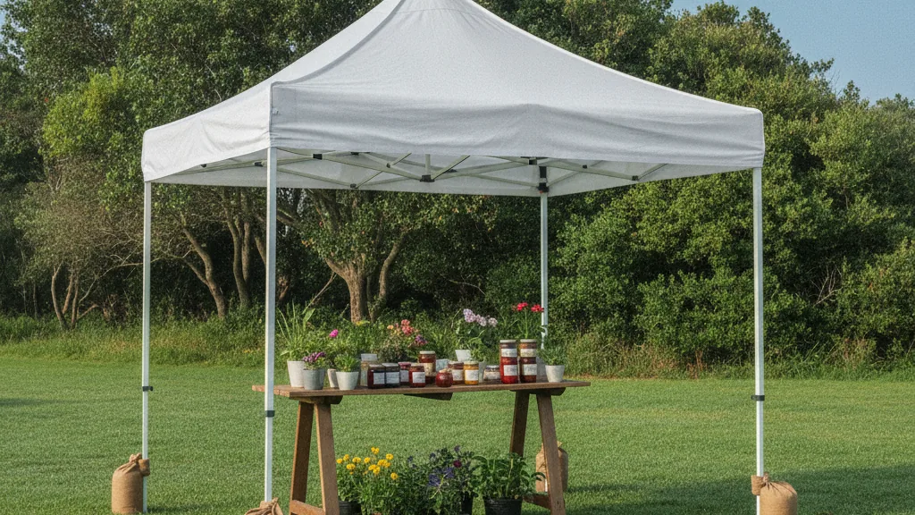 Plain white pop-up gazebo with weighted legs at a Port Elizabeth coastal market