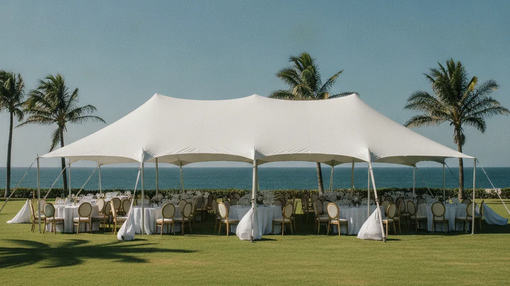 White stretch tent set with tables on a coastal lawn overlooking Algoa Bay in Port Elizabeth