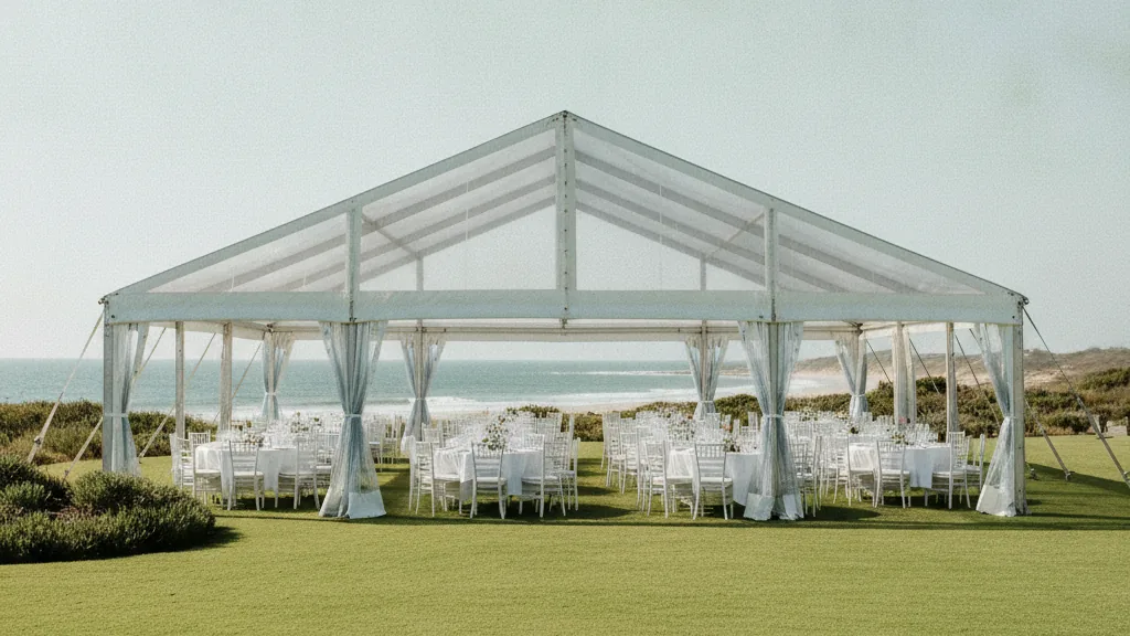 White clear-span frame marquee with round tables on a coastal garden lawn in Port Elizabeth