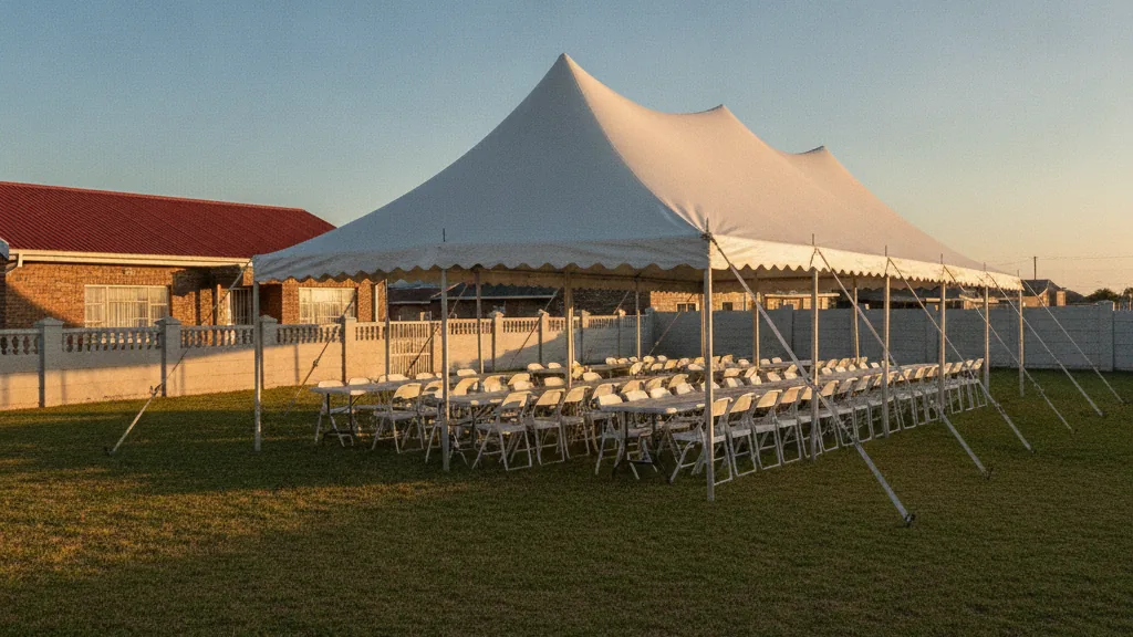 Peg-and-pole function tent with white chairs and tables in a walled Motherwell township yard at golden hour