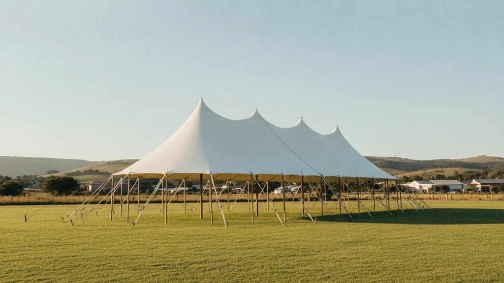 Large white peg-and-pole marquee on an open grassy plot near Uitenhage