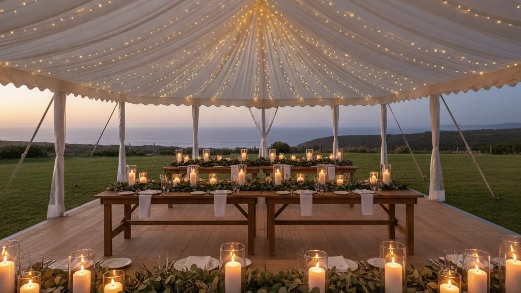 Fairy-lit white wedding marquee interior with candlelit feast tables at dusk in Port Elizabeth
